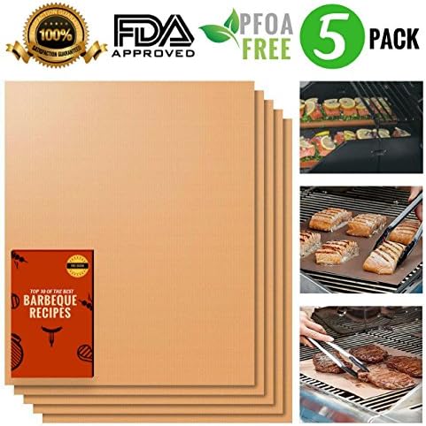 Copper Grill Mat Set of 5 | 100% Non-stick BBQ Grill and Bake Mat | Heat Resistant | Reusable and Easy to Clean | Includes a FREE eBook | Grilling Made Simple | FDA-Approved, PFOA Free - 15.75 x 13