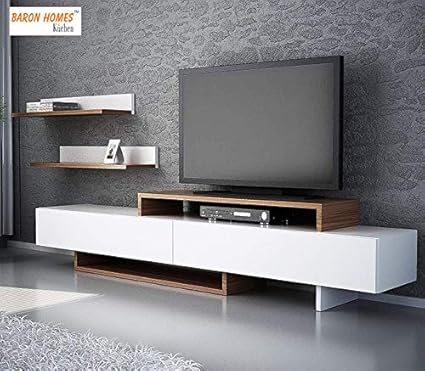 HEERA MOTI INTERIORS Wooden TV Stand with 2 Multi Functional Wall Shelf Set (White, 70.9 x 16.5 x 12.3-inches)