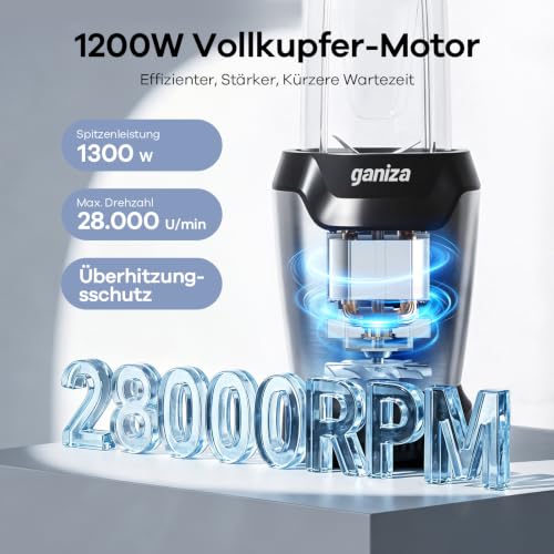 Ganiza Blender, 1300 W Smoothie Maker, Stand Mixer with 3 Portable Mixing Cups (2 x 1100 ml & 1 x 660 ml), Six Blade Made of Stainless Steel, BPA-Free, Easy to Clean, Electric Blender for Milkshakes