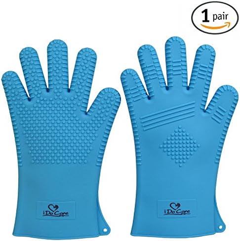 iDoCare Heat Resistant Silicone Gloves BBQ Grilling Gloves Oven Mitts - Most Flexible &amp; Waterproof - Best For Cooking, Baking, Frying, Smoking, Potholder &amp; Barbeque - 13.5" Extra Long Design - Blue