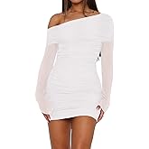 Women's Sexy One Shoulder Mesh Dress See Through Long Sleeve Ruched Sheer Mesh Bodycon Club Night Cocktail Mini Dress