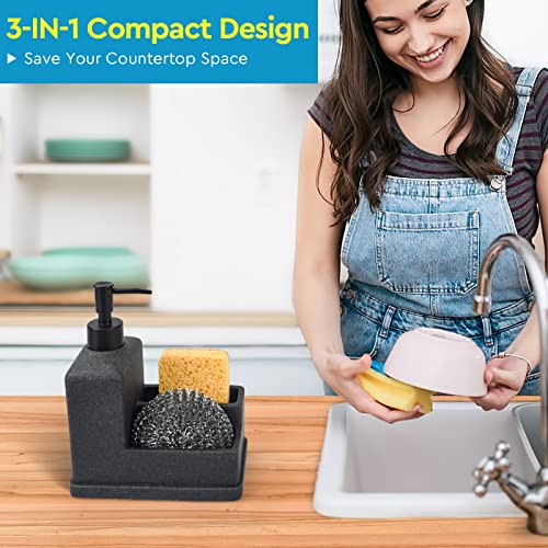 Soap Dispenser with Sponge Holder, Liquid Soap Dispenser for Hands and Dishes and Sponge Organizer with Brush Holder, 3 in 1 Countertop Organizer for Kitchen Sink