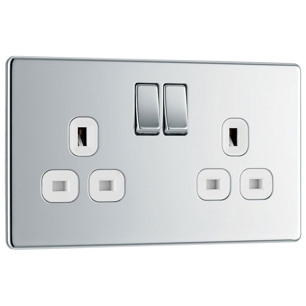BG Electrical Double Switched Power Plug Wall Socket, Flatplate Screwless, Polished Chrome, White Inserts, 13A, FPC22W