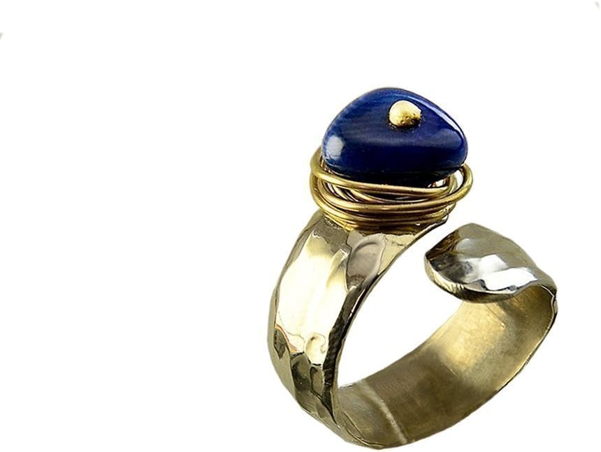 Handcrafted hammered silver tone navy blue tagua cuff pinky women ring