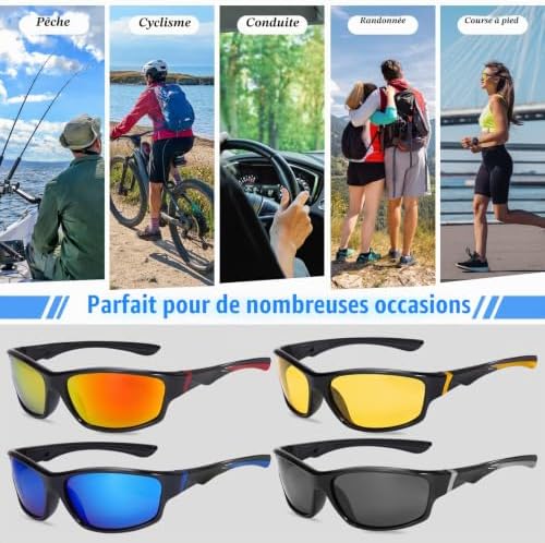 4 Pièces Lunettes de Soleil Homme Polarisées Sport, Lunettes de Soleil Femme, Lunette Velo Homme, Protection UV400 pour la Course à Pied, la Conduite, la Pêche et le Cyclisme