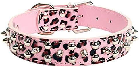 Pety Pet Mushrooms Spiked Rivet Studded Metals Buckle D-ring Adjustable Leopard Leather Pet Collars for Medium Large Dogs (Large (Neck 16.5-20.5''), Pink)