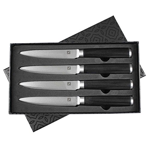 Zelancio Non Serrated Wooden Steak Knives - Damascus Steel Steak Knife Set 4 Piece