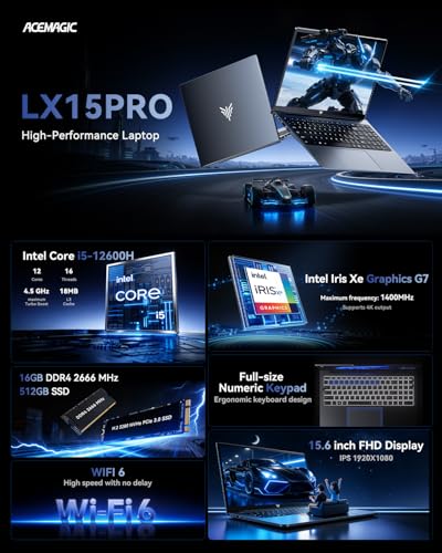 ACEMAGIC Gaming Laptop Intel Core i5-12600H Laptop Computers, 15.6-in 16GB DDR4 512GB NVMe SSD Intel Laptops Notebook-PC, Numeric Keypad WiFi 6 Win-11 Pro BT5.2 HDMI Type-C USB-3.2 Webcam 3.5mm Audio