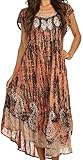 Sakkas 15900 - Bree Long Embroidered Cap Sleeve Marbled Dress - Burnt Sienna - OS