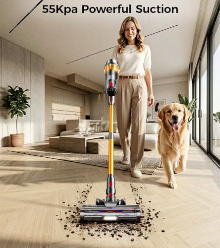 Cordless Vacuum Cleaner, 650W 55Kpa 70 Mins Cordless Stick Vacuum, Self-Standing Wireless Vacuum with Touch Screen, Anti-Tangle Vacuum Cordless, Rechargeable Vacuum Cleaners for Home/Pet Hair/Carpet
