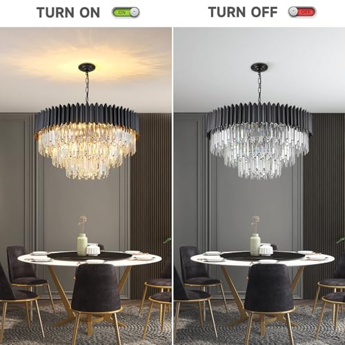 KUNYEEE Modern Luxury Crystal Pendant Light, Black Crystal Chandelier, 15xE14 Drop Chandelier Light Recessed Ceiling Light for Dining Room, Φ80cm