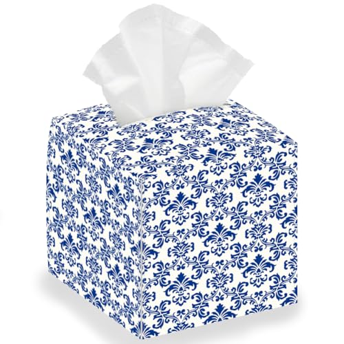 DELORIGIN Navy Blue Retro Tissue Storage Box, Square Foldable Tissue Box Holder Waterproof Leather Paper Towel Case Cover Container Organizer for Bedroom Kitchen Office Car, 13 * 13 * 13cm at Amazon