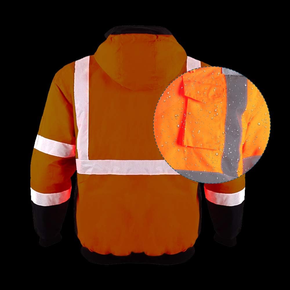Men's ANSI Class 3 Hi Vis Safety Bomber Jacket Concealed Hood Waterproof Full Zip Padding Work Jacket Black Bottom(3XL, Orange): Home Improvement