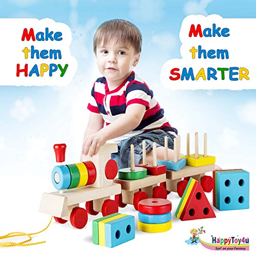 image for HappyToy4u WOODEN PUZZLE TRAIN TOY 25-Piece, Educational Pull-Along Tr