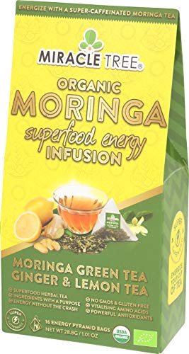 Miracle Tree's Energizing Moringa Infusion - Green Tea, Ginger & Lemon | Super Caffeinated Blend | Healthy Coffee Alternative, Perfect for Focus | Organic Certified & Non-GMO | 16 Pyramid Sachets - Thumbnail 2