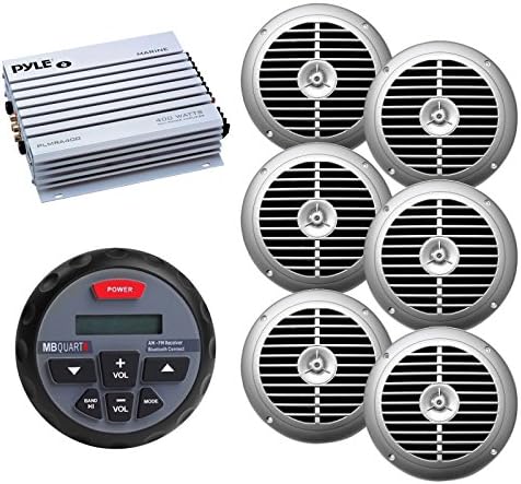New Marine Bluetooth Stereo MB Quart GMR-1 Bluetooth Enabled Gauge Mount Marine Boat Yacht Stereo System AM/FM Radio Player with 6 X Enrock 6.5" Inch Waterproof Marine Audio Spekaers System and 400 Watt 4 Channel Marine Boat Audio Amplifier - Great Marine Outdoor Audio Package (Silver)