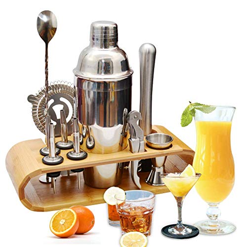 AYAOQIANG Cocktail Making Set, Cocktail Shaker Set 750ml Stainless Steel Bar Tool Set Bartender Kit with Wooden Display Stand (Silver)