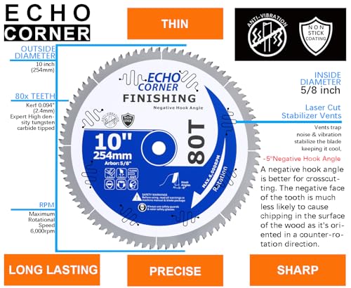 10" Fine Finish Sliding Compound/Radial Arm Saw Blade, Negative(-5°) 80T photo 5