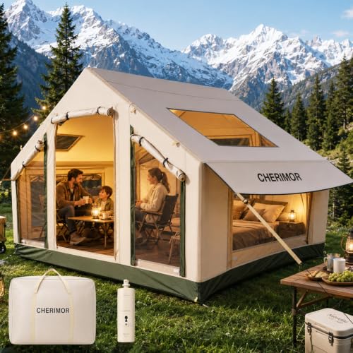 CHERIMOR Inflatable Tent with Skylight, Auto Inflation Pump, 4-6 Person, 445 FT³ Interior, Double-Layer Waterproof Oxford, Hot Tent with Stove Jack, Quick Setup Blow Up Tent for Camping & Hiking