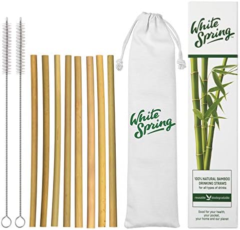 Bamboo Drinking Straws from White Spring | Biodegradable, Reusable, Organic | 8 Straws in Presentation Box | 2 Long Cleaning Brushes | Cotton Carry Bag