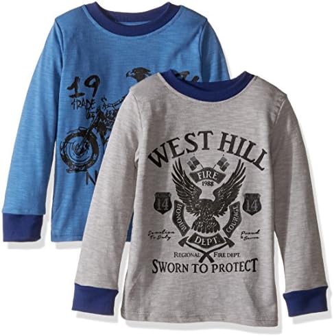 Rebe1 Big Boys' 2 Pack Long Sleeve Graphic Tees with Contrast Neck and Cuffs, F.Blue/Heathergrey, X-Large/18/20