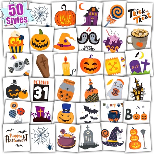 Partywind Individually Wrapped Sheets Halloween Tattoos for Kids Treats, Halloween Party Supplies Favors Decorations, Halloween Games for Boys and Girls (50 Sheets)