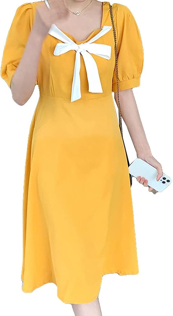 Zuomaレディース ワンピース 夏 Uネック パフスリーブ 半袖 ファッション 可愛い ゆったり 着痩せ 無地 甘い エレガント 柔らか フォーマル 通勤 演奏会 ワンピース チュニック 通販 Amazon