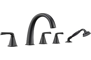 JABBOL High Flow Roman Tub Faucet with Sprayer, Matte Black Deck Mount Bathtub Faucet 5 Hole with Valve, Solid Brass 3-Handle Widespread Bathtub Faucets with Hot & Cold Supply Lines