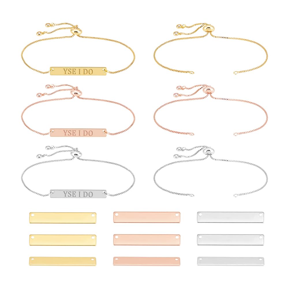UNICRAFTALE 9 pcs 3 Colors Engravable Bracelets DIY Kit Adjustable Slider Bracelets Rectangle Stamping Engravable Blank Tags Connector Pendants 11.5~12cm Stainless Steel Bracelet for Jewelry Making