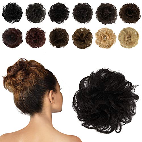 FESHFEN 100% Human Hair Scrunchies (2# Dark Brown) Curly Messy Hair Bun Extensions Wedding Hair Pieces for Women Kids Hair Updo Donut Chignons
