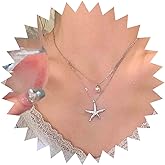 Iaceble Boho Layered Starfish Pendant Necklace Crystal Starfish Choker Necklace Silver Pearl Necklace Chain Silver Cz Starfish Necklace Jewelry for Women