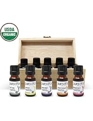 PURA D'OR Organic Perfect10 Essential Oils Set - 10x 10mL Wood Box Aromatherapy Gift Set - 100% Pure Therapeutic Grade for Relaxation and Wellness (Lavender, Peppermint, Eucalyptus, Tea Tree & More)