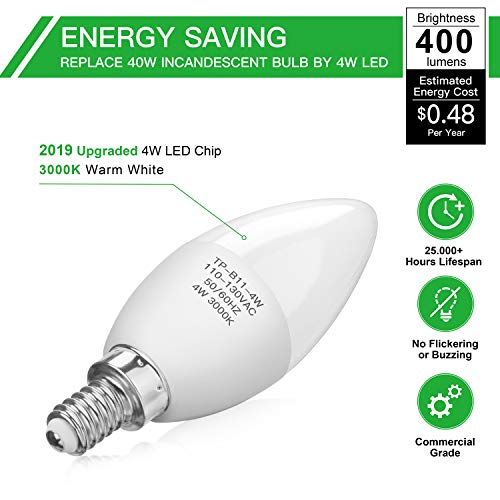 E12 Candelabra LED Bulbs, 400Lumens, SHINE HAI Updated 3000K Warm White LED Chandelier Bulbs, 40W Equivalent, B11 LED Candle Light Bulbs, CRI85+, Non-Dimmable, Pack of 12 - Thumbnail 4