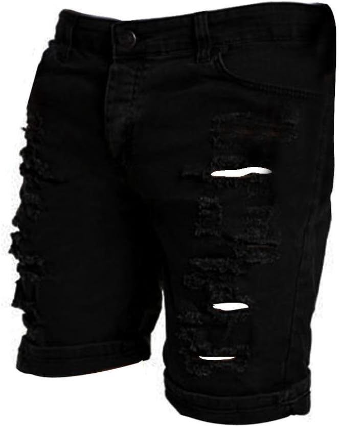 IZHH Men's Casual Jeans Destroyed Knee Length Hole Ripped Pants