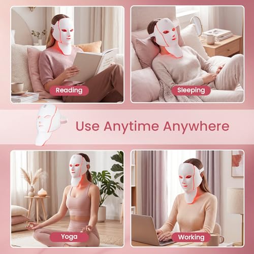 LED Face Neck Mask Light Therapy for Skin Care Anti Aging Wrinkles Acne Treatment,Red Blue Infrared 7 Colors Facial Rejuvenation Device 630nm Near Infrared,Home Use Beauty Device White