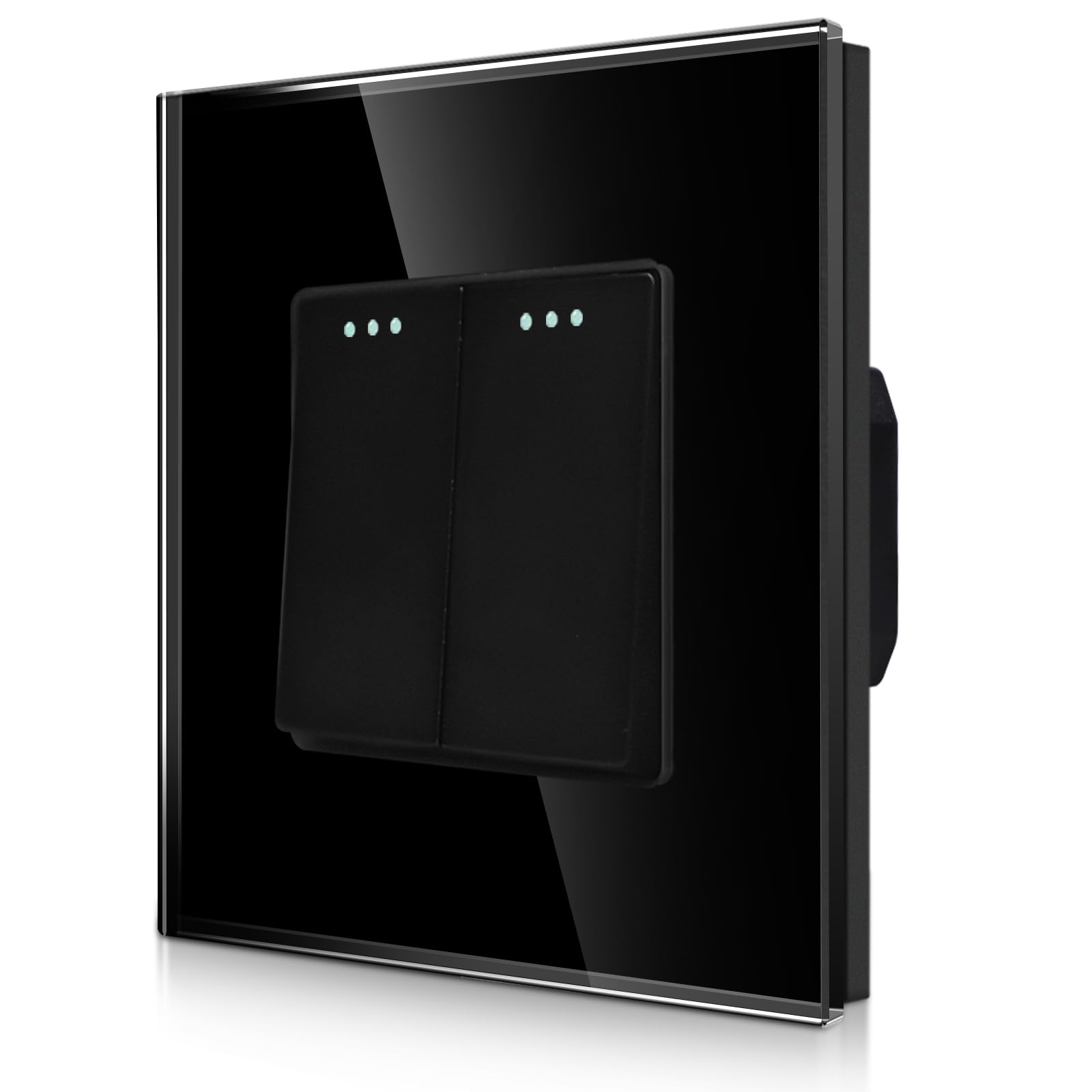 CNBINGO Rocker Button Light Switch 2 Gang 1 Way Glass Light Switch, Modern Tempered Glass Wall Panel with Phosphor Dots, Black