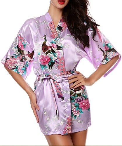 Women's Kimono Short Robe Peacock Design Light Purple M