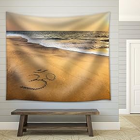 Om Symbol on The Sand at The Beach Near The Ocean - Fabric Wall Tapestry Home Decor - 51x60 inches
