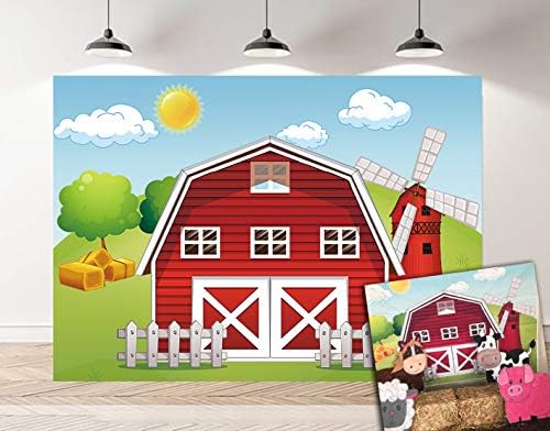 Botong Cartoon Farm Photography Backdrop Red Barn Windmill Animals