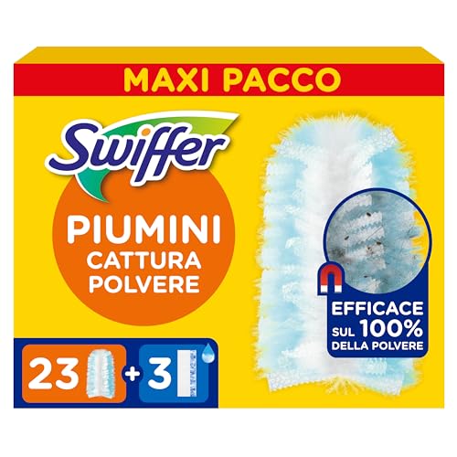Swiffer Duster Piumini Cattura Polvere, 23 Piumini e 3 Panni Lavapavimenti, Cattura e Intrappola Polvere e Sporco, Raggiunge I Punti più Difficili della Casa, Maxi Formato