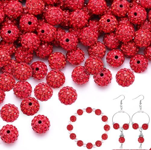 100 pcs 10mm Rhinestone Beads for Jewelry Making, Red Shiny Round Shamballa Disco Beads Bulk, Sparkle Crystal Clay Christmas for Bracelet Baseball Necklace Earring Crafting and DIY