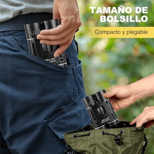 Binoculares Portátiles 500x25 (8X), Binoculares Plegables con Clip para Teléfono, Alcance 5000m, Película Verde y Prisma BAK4, Visión Nocturna, Impermeables, Camping, Conciertos, Excursiones
