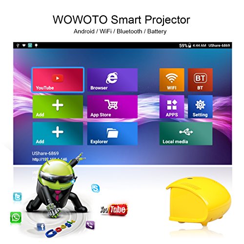 Mini Projector WOWOTO Q1 Portable 150 ANSI lm, Smart DLP Projector Built-in Battery, Android 7.1 Support Bluetooth, Wi-Fi Connection, Support Full HD 1080p, Smartphone, Laptop, USB, TF Card and APP
