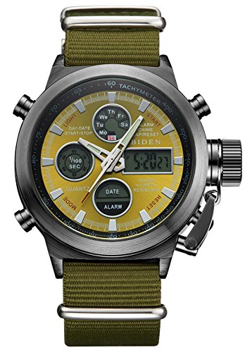BIDEN Men's Business Quartz Watch Stainless Steel Watch with Green Canvas Strap Waterproof Analog Digital Sport Wrist Watch -Black Case