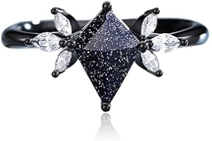 REDFISHOUSE Statement Rings for Women - Vintage Eternity Promise Rings with a 7x10 Kite Shaped Blue Sandstone - Unique Black Engagement Rings for Her