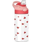 DIGTIA Red Hearts White Insulated Water Bottle with Straw Handle for Kids 12 OZ Valentine's Day Stainless Steel Vacuum Insulated Cup for Hot and Cold Drinks Travel Tumbler for Toddler Girls