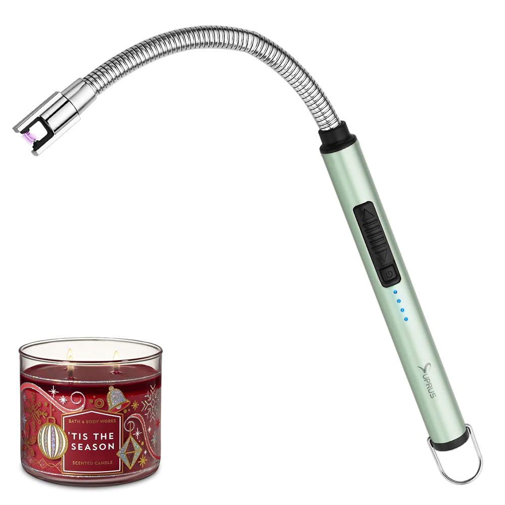 SUPRUS Candle Rechargeable Electric Arc Lighter Stainless Steel Housing & Hanging Hook with 360° Flexible Neck (Green)