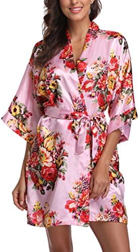 ARK iWear Women's Floral Satin Kimono Short Style Bridesmaid Robe - Silky Touch (Large, Pink)