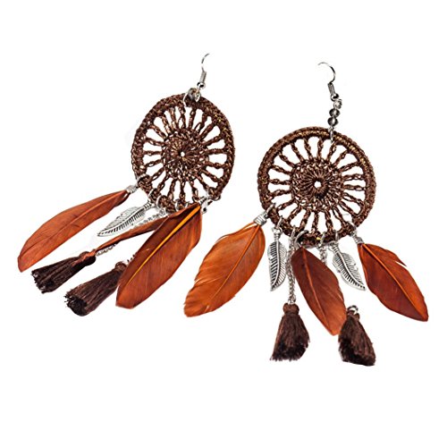 Elogoog Feather Earring Set Tassels Long Dangle Ear Drop Earrings Hook with Feather for Women and Girls (Coffee)