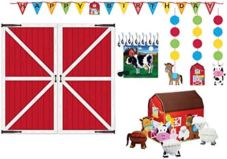 Barnyard Party Decorations Supply Pack - Farmhouse Themed Bundle Includes: Hanging Cutouts, Banner, Centerpiece, Barn Door Props, and Pin -The-Tail- On The Cow Game